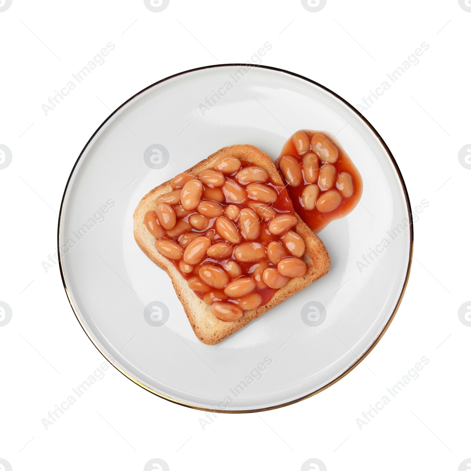 Photo of Toast with delicious canned beans isolated on white, top view