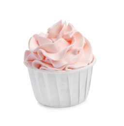 Photo of One tasty cupcake with cream isolated on white