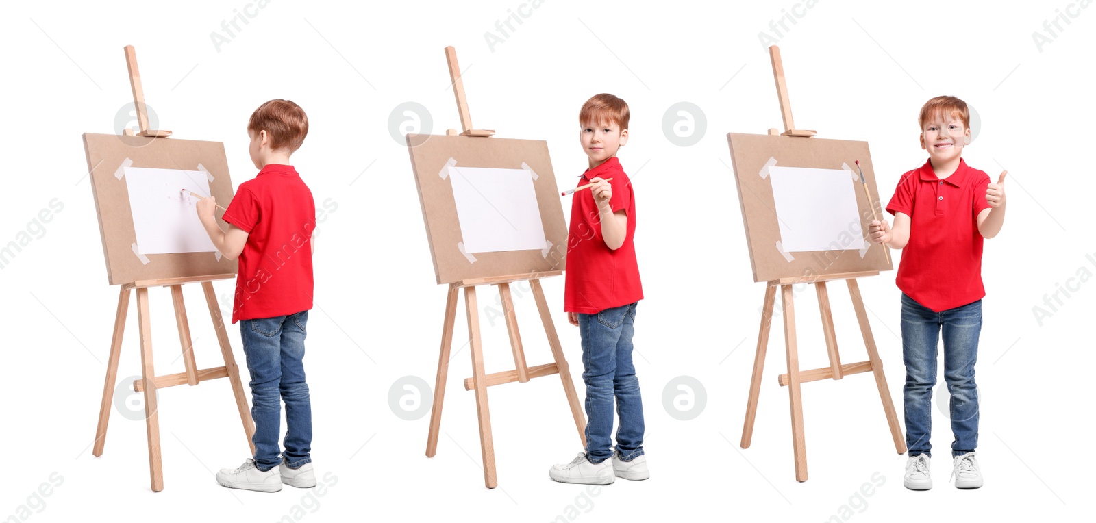 Image of Collage with photos of boy near easel on white background