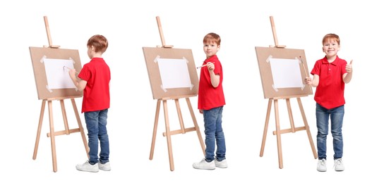 Image of Collage with photos of boy near easel on white background