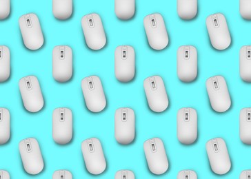 Image of Many white computer mouses on turquoise background, flat lay. Seamless pattern design