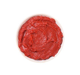 Photo of Bowl of tasty tomato paste isolated on white, top view