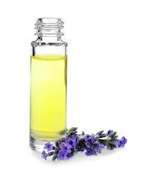 Photo of Bottle of essential oil and lavender flowers isolated on white