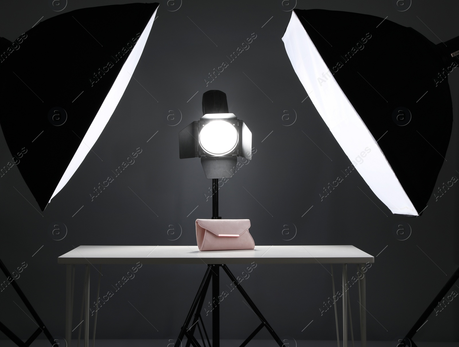 Photo of Professional photography equipment prepared for shooting stylish bag in studio