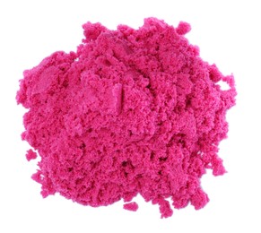 Photo of Pile of pink kinetic sand on white background, top view