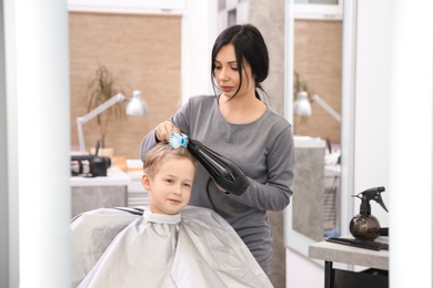 Professional female hairdresser working with little boy in salon