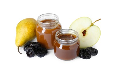 Photo of Jars with healthy baby food, dried prunes, pear and half of apple isolated on white
