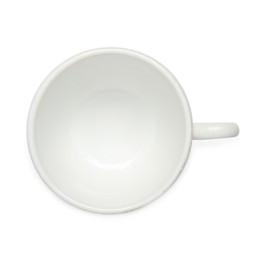 Photo of Empty ceramic cup isolated on white, top view