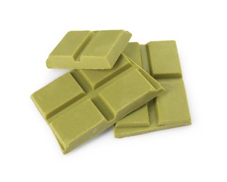 Photo of Pieces of tasty matcha chocolate bar isolated on white