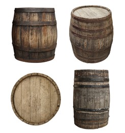 Image of Different wooden barrels isolated on white, top and side views. Collage design