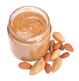 Photo of Tasty nut paste in jar and almonds isolated on white