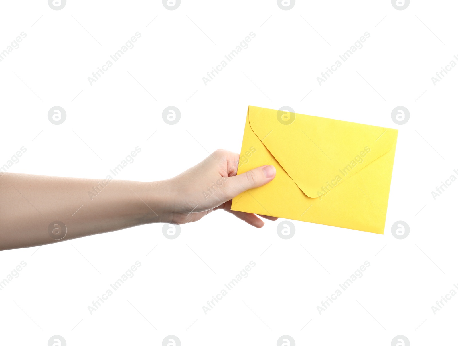 Photo of Woman holding yellow paper envelope on white background, closeup