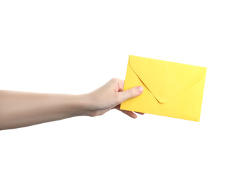 Photo of Woman holding yellow paper envelope on white background, closeup