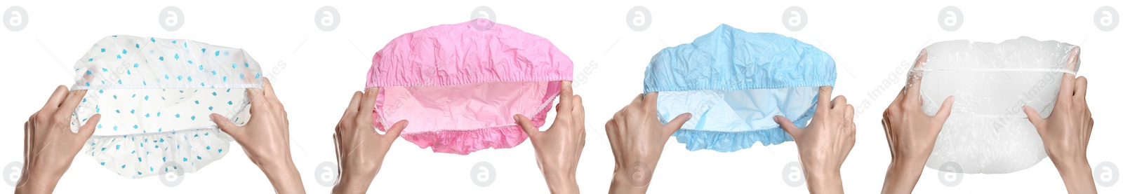 Image of Collage with photos of women holding different shower caps on white background, closeup. Banner design