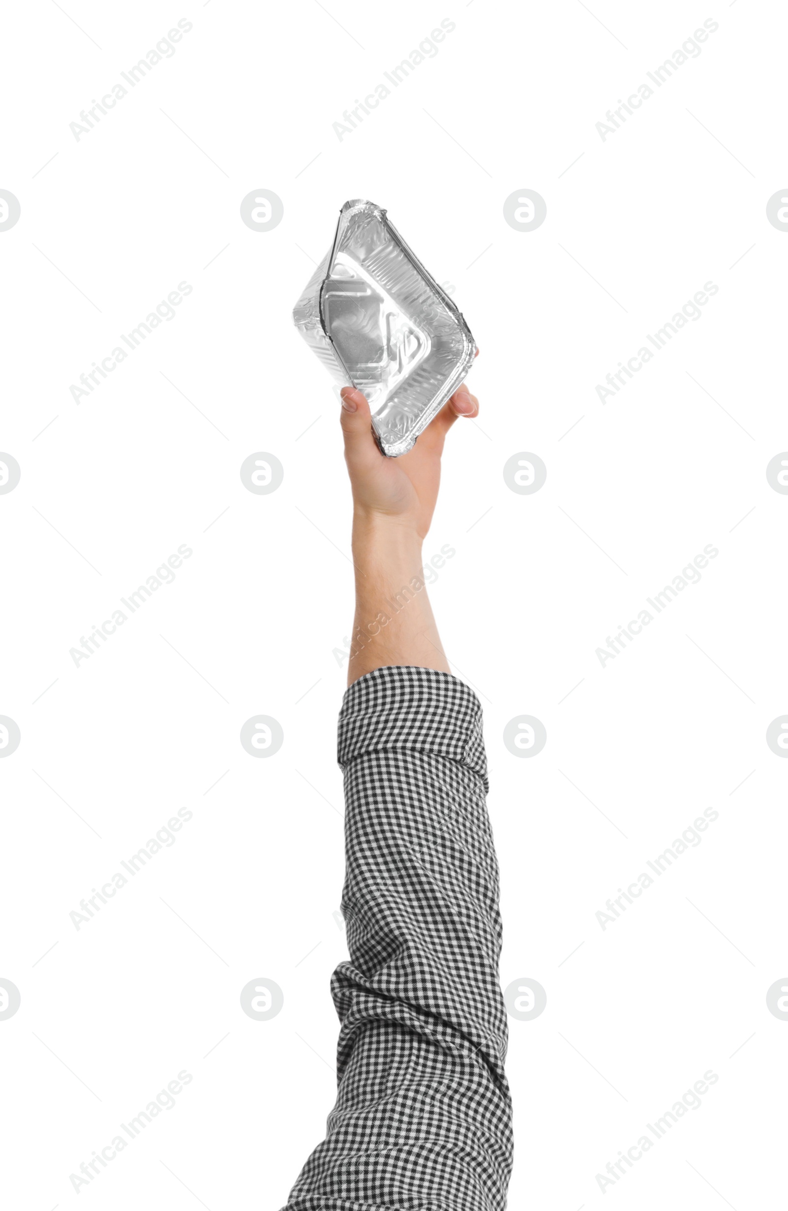 Photo of Man holding foil container isolated on white, closeup. Waste recycling concept