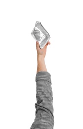 Man holding foil container isolated on white, closeup. Waste recycling concept