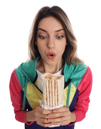 Emotional woman with delicious shawarma on white background