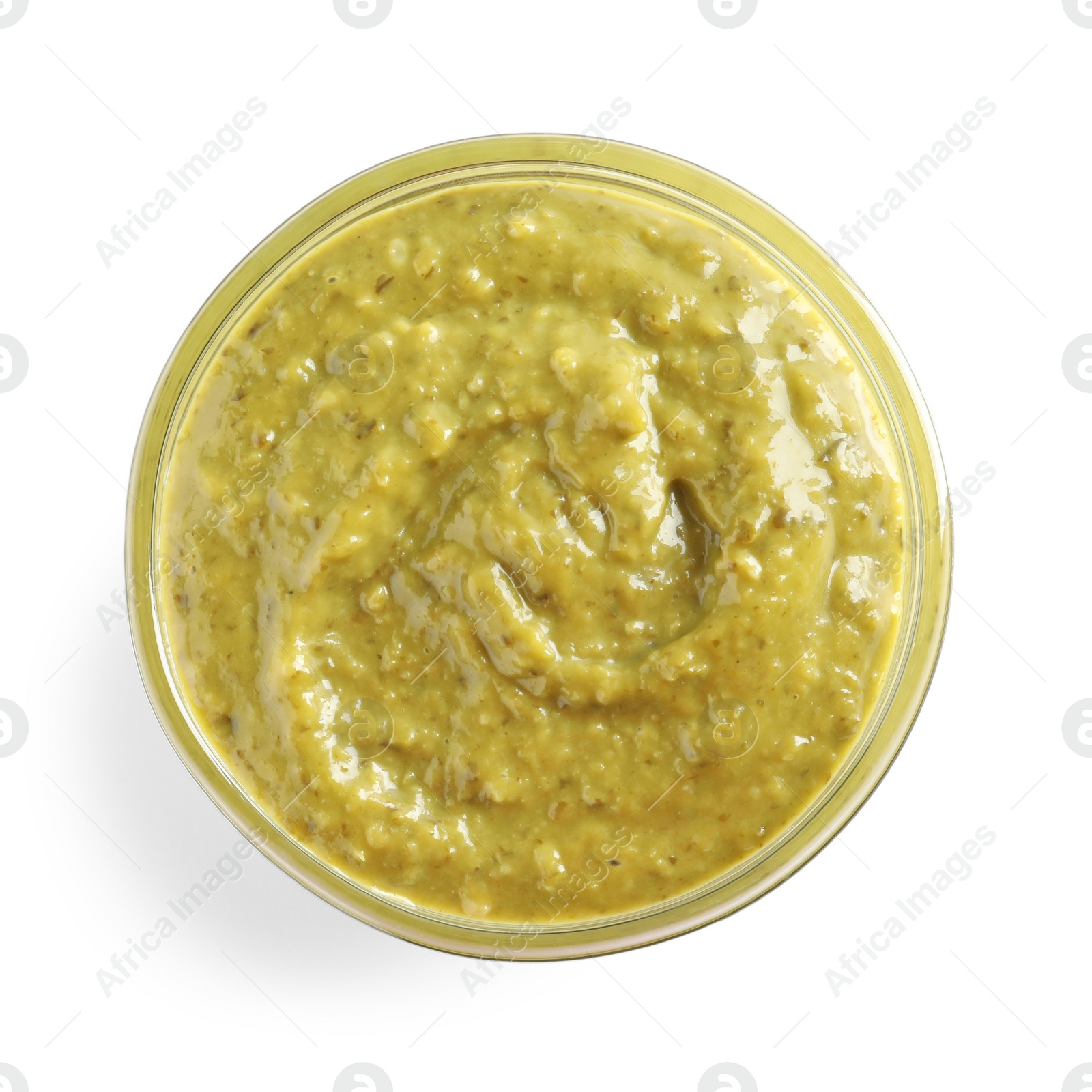 Photo of Delicious pesto sauce in bowl on white background, top view