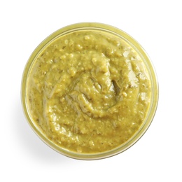 Photo of Delicious pesto sauce in bowl on white background, top view
