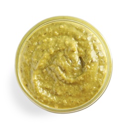 Delicious pesto sauce in bowl on white background, top view