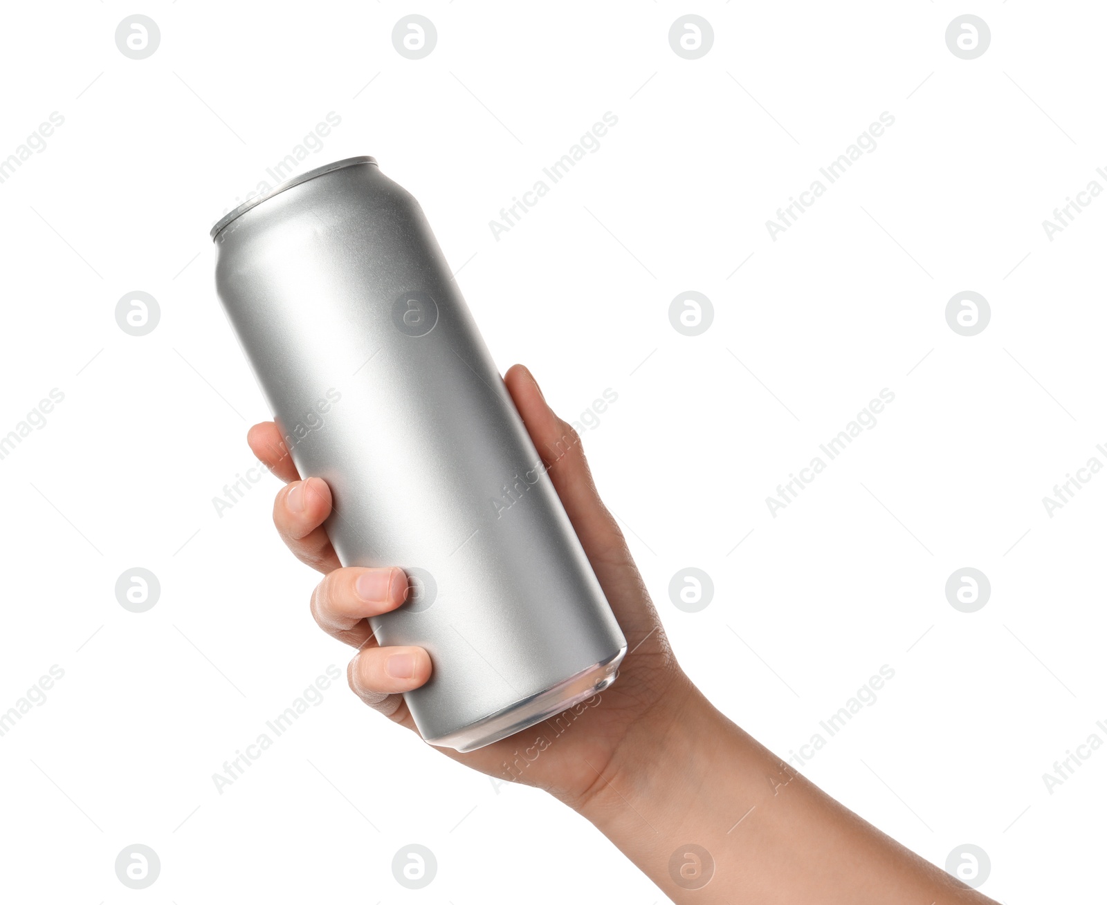 Photo of Woman holding aluminum can on white background, closeup