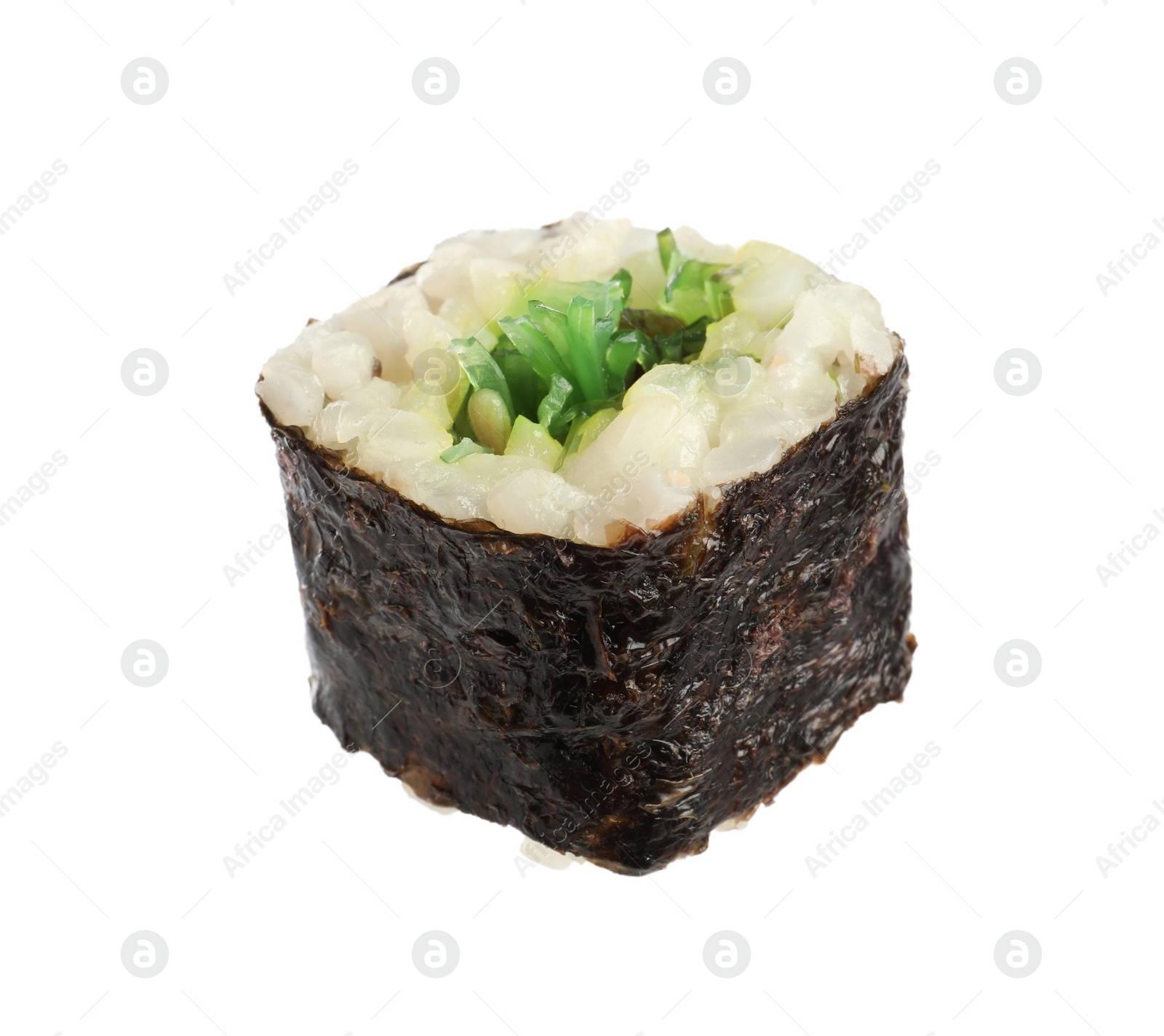 Photo of Delicious fresh sushi roll with chuka isolated on white