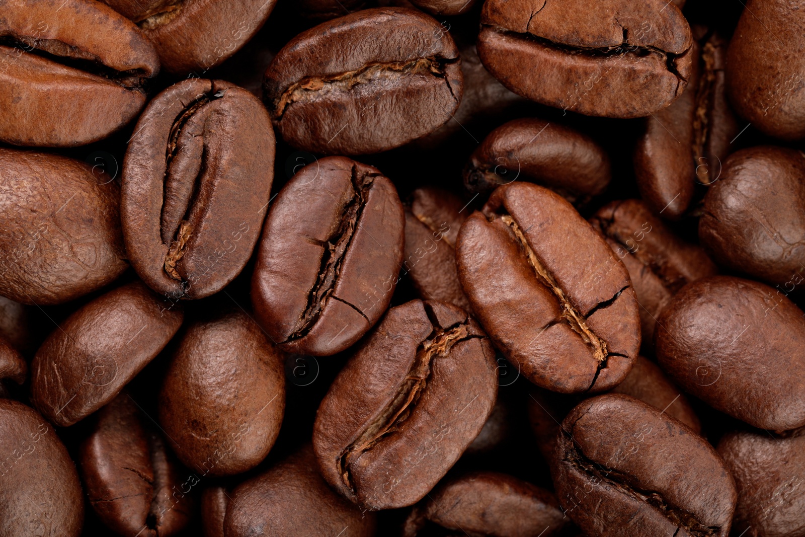 Photo of Aromatic roasted coffee beans as background, top view