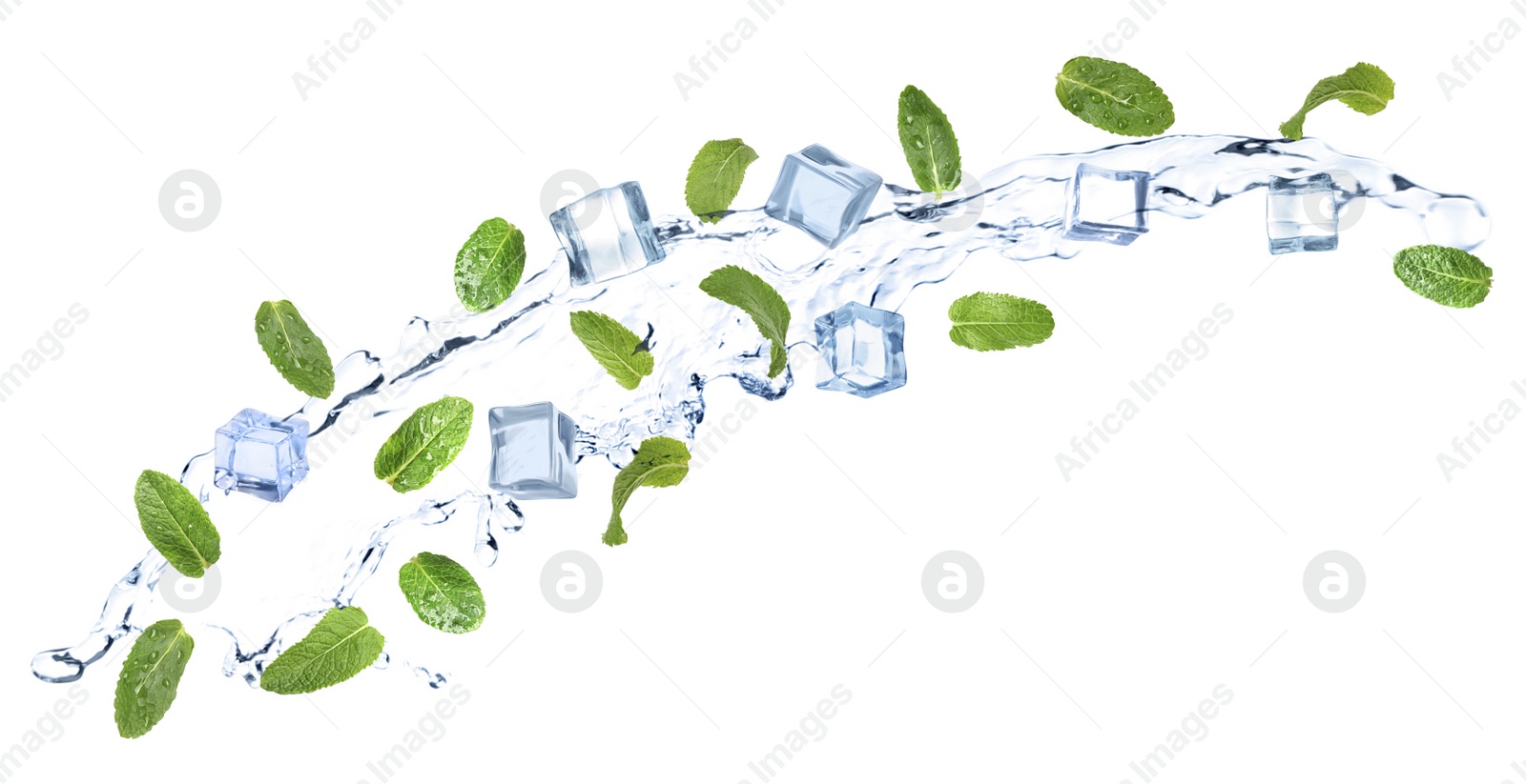 Image of Falling green mint leaves, crystal ice cubes and splash of water on white background. Banner design