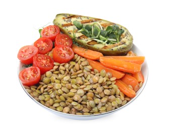 Photo of Delicious lentil bowl with avocado, tomatoes and carrots on white background