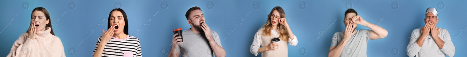 Image of Sleepy people yawning on blue background, collage. Banner design 