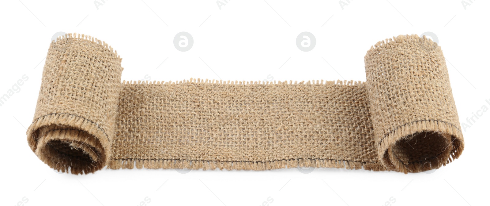 Photo of Unrolled piece of burlap isolated on white