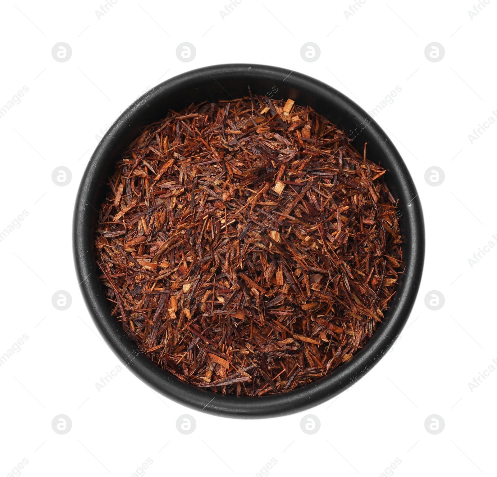 Photo of Rooibos tea in bowl isolated on white, top view