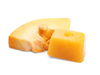 Frozen pumpkin puree cube and fresh pumpkin isolated on white