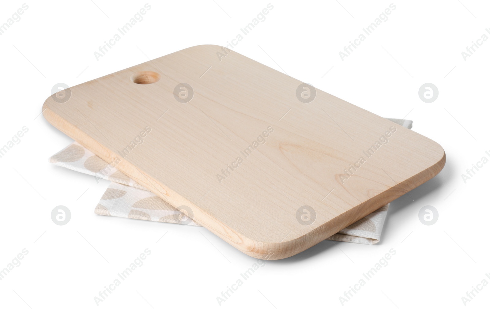 Photo of Wooden cutting board and kitchen towel on white background