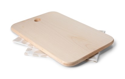 Wooden cutting board and kitchen towel on white background