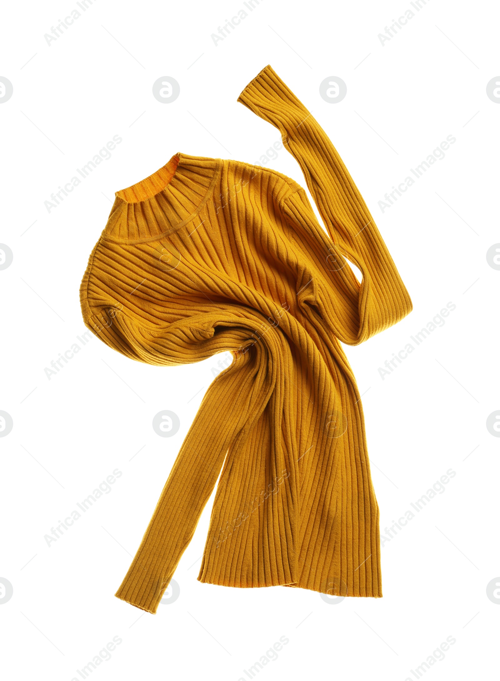 Photo of Rumpled yellow sweater isolated on white. Messy clothes