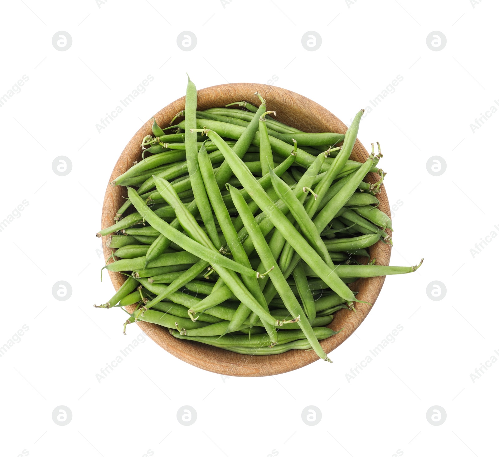 Photo of Fresh green beans in wooden bowl isolated on white, top view