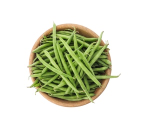 Photo of Fresh green beans in wooden bowl isolated on white, top view