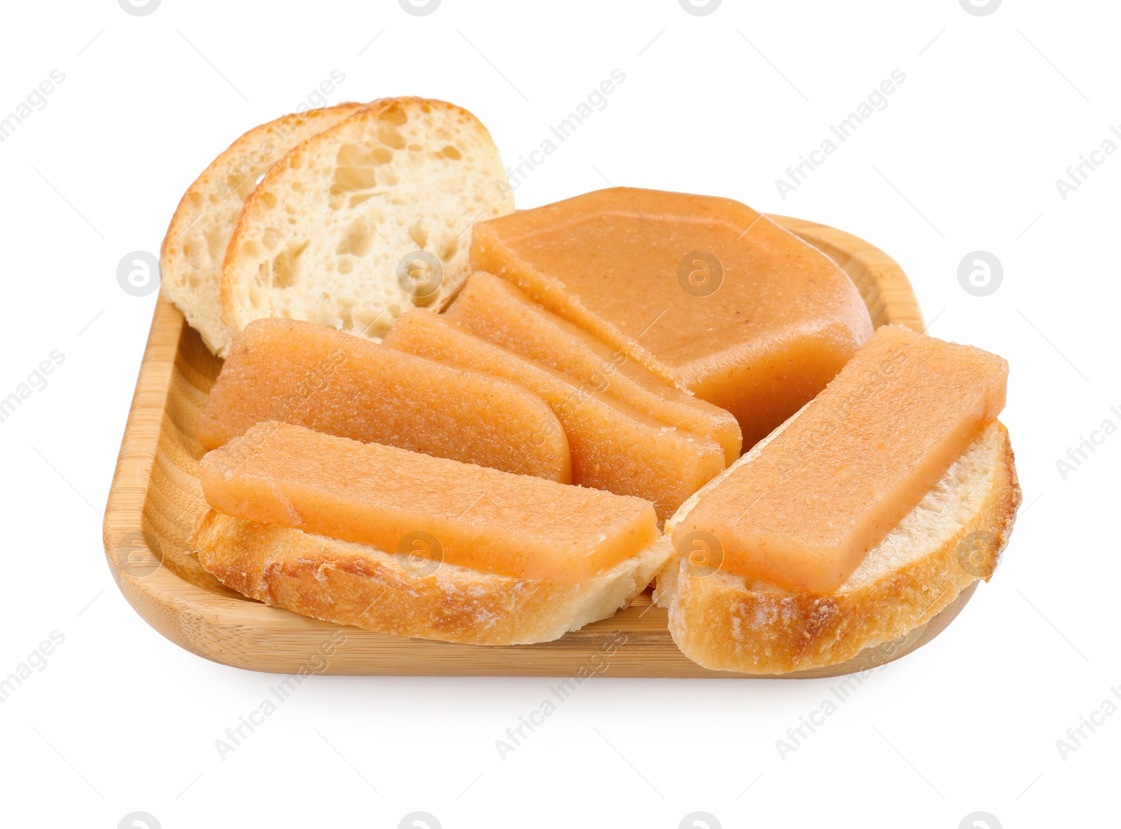 Photo of Delicious sweet quince paste and bread isolated on white