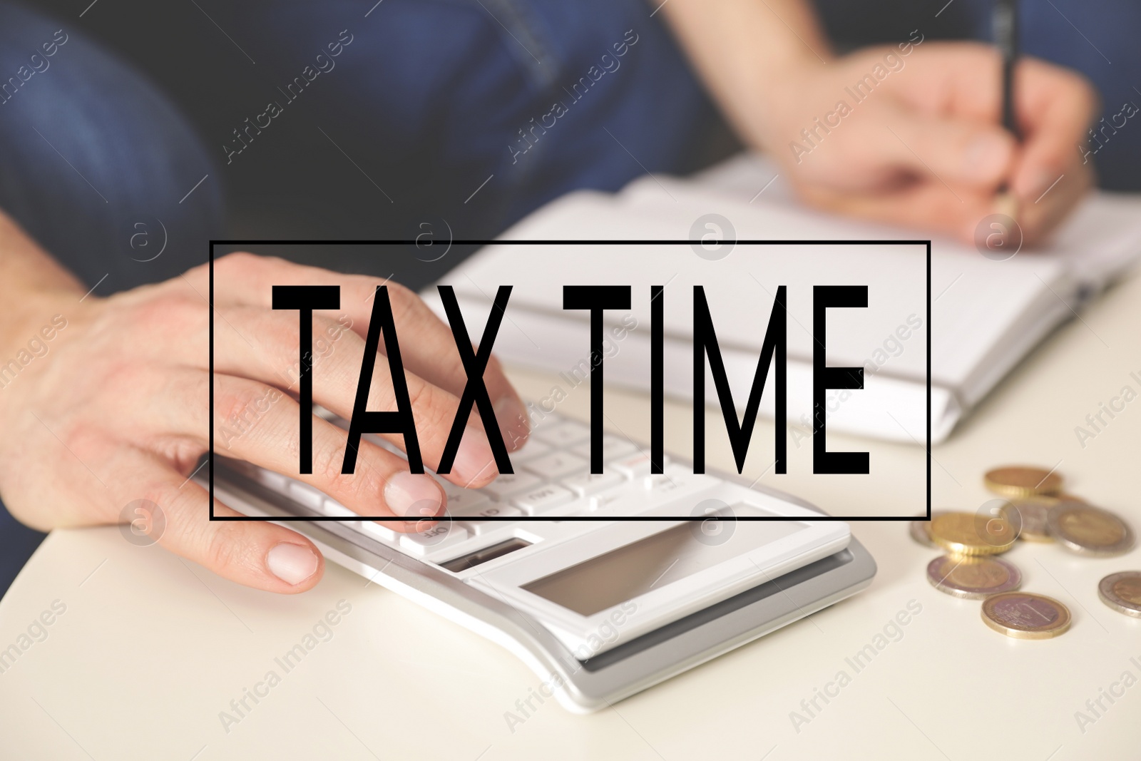 Image of Tax accountant working with calculator and money at table, closeup