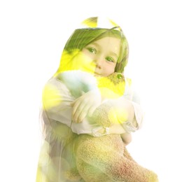 Double exposure of cute little girl and green tree on white background