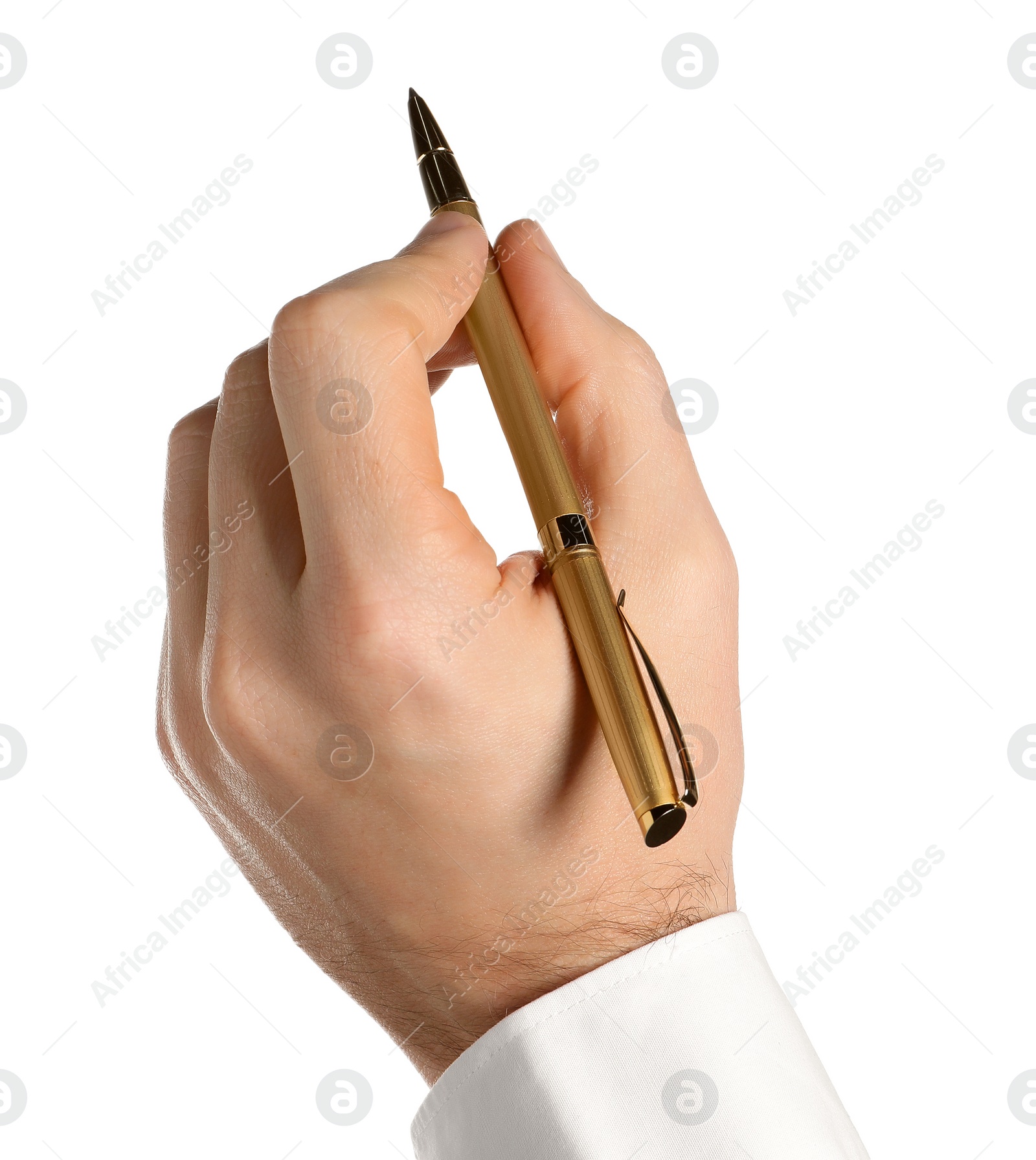 Photo of Man holding pen on white background, closeup of hand