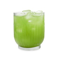 Photo of Glass of delicious iced green matcha tea isolated on white