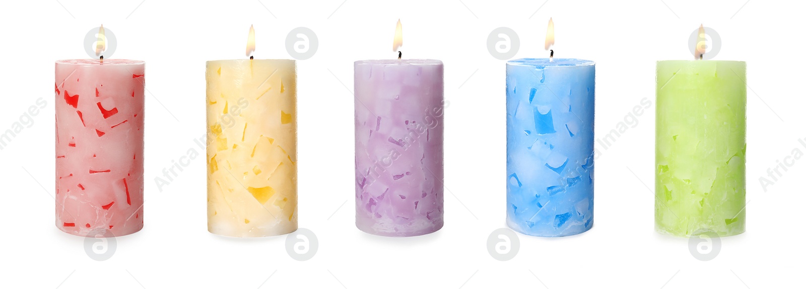 Image of Set of burning color candles on white background. Banner design