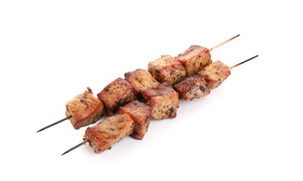 Photo of Skewers with delicious shish kebabs isolated on white, above view