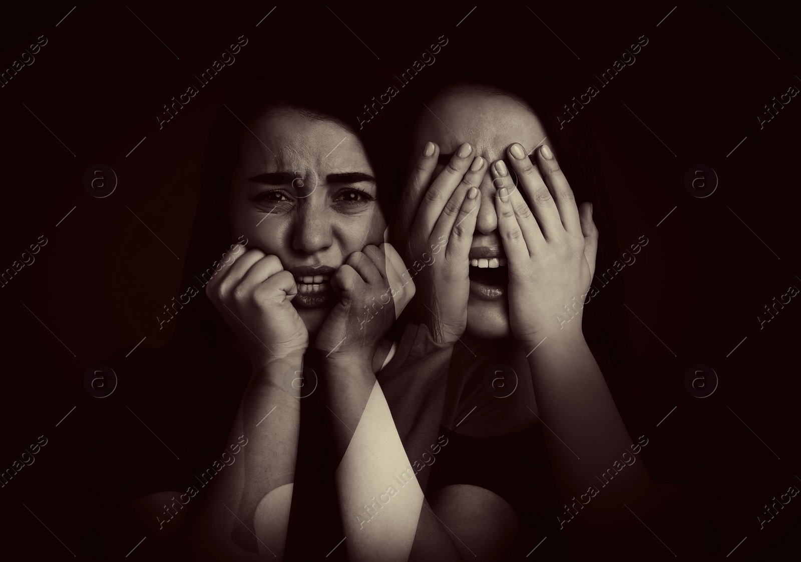 Image of Suffering from hallucinations. Double exposure with photos of woman on black background, color toned