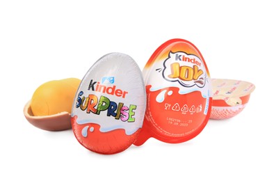 Slynchev Bryag, Bulgaria - May 24, 2023: Kinder Eggs and plastic capsule on white background