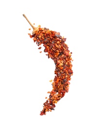 Composition with chili pepper flakes on white background, top view