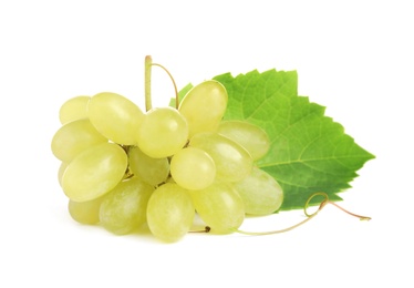 Fresh ripe juicy grapes with leaf isolated on white