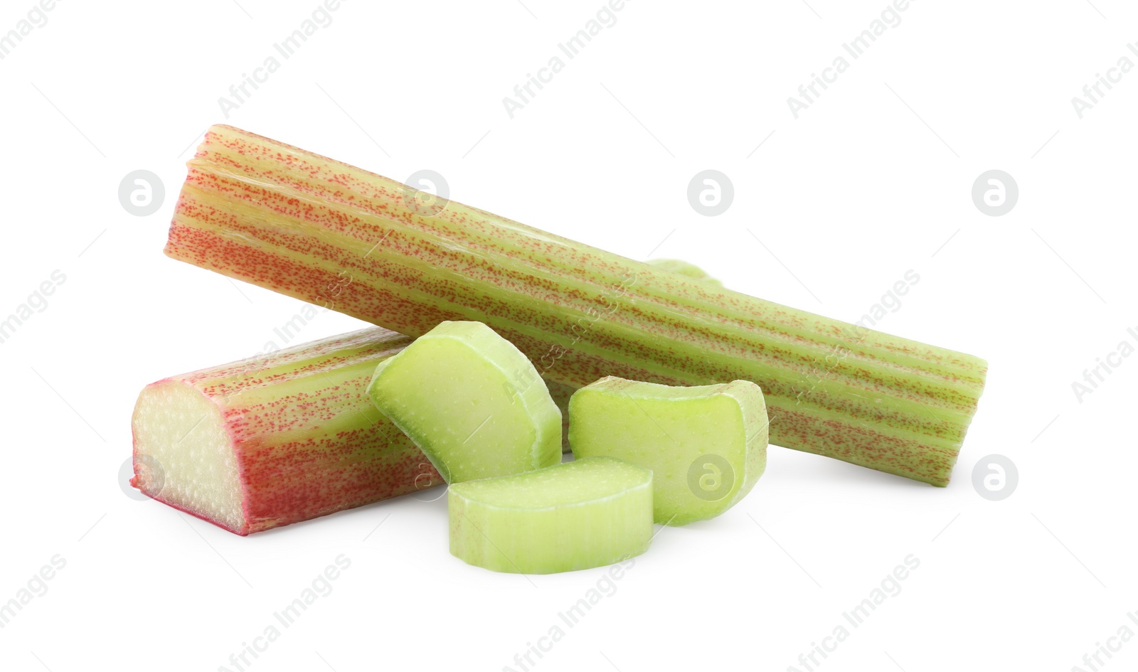 Photo of Cut fresh ripe rhubarb on white background